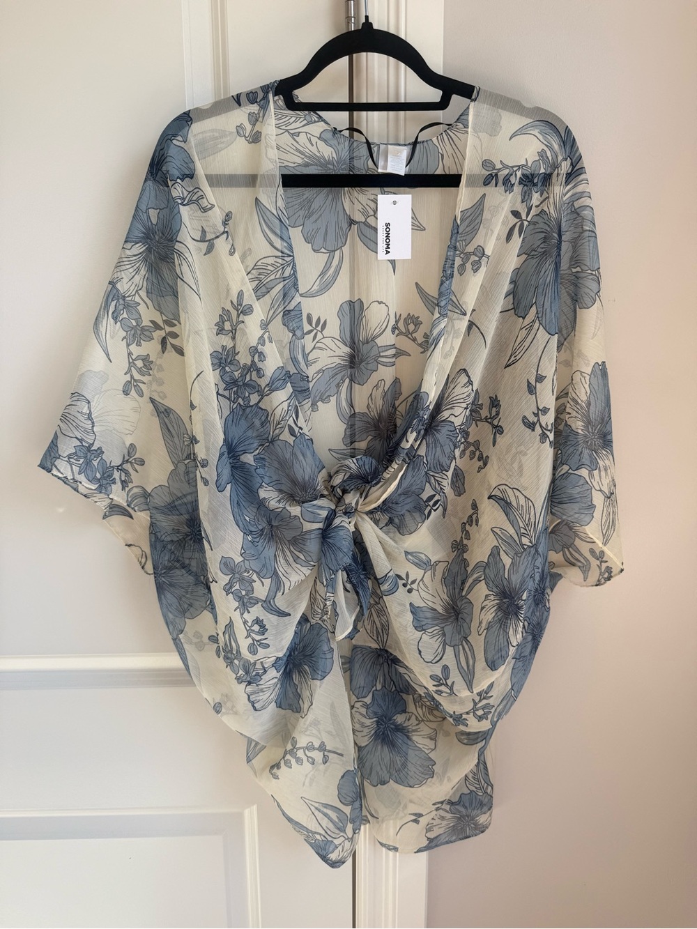 Sonoma Cream Kimono Top with Blue Floral Print and Front Tie